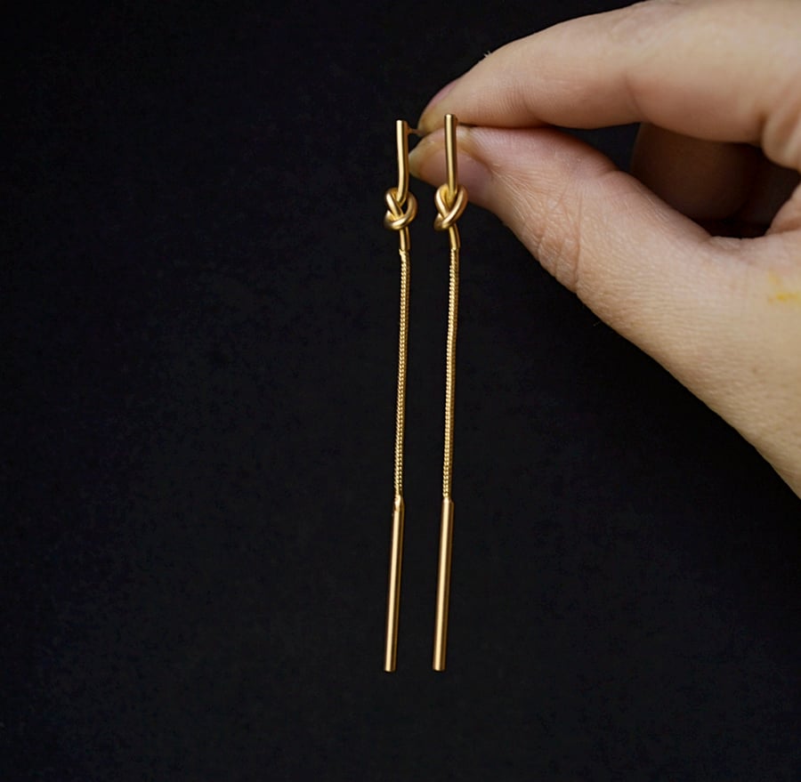 Long knot earrings, elegant knot chain earrings, dangle knot gold elegant studs