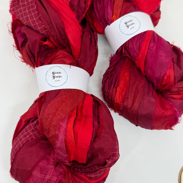 Sari silk ribbon tie dyed in fire red. knitting, fibre art 5m