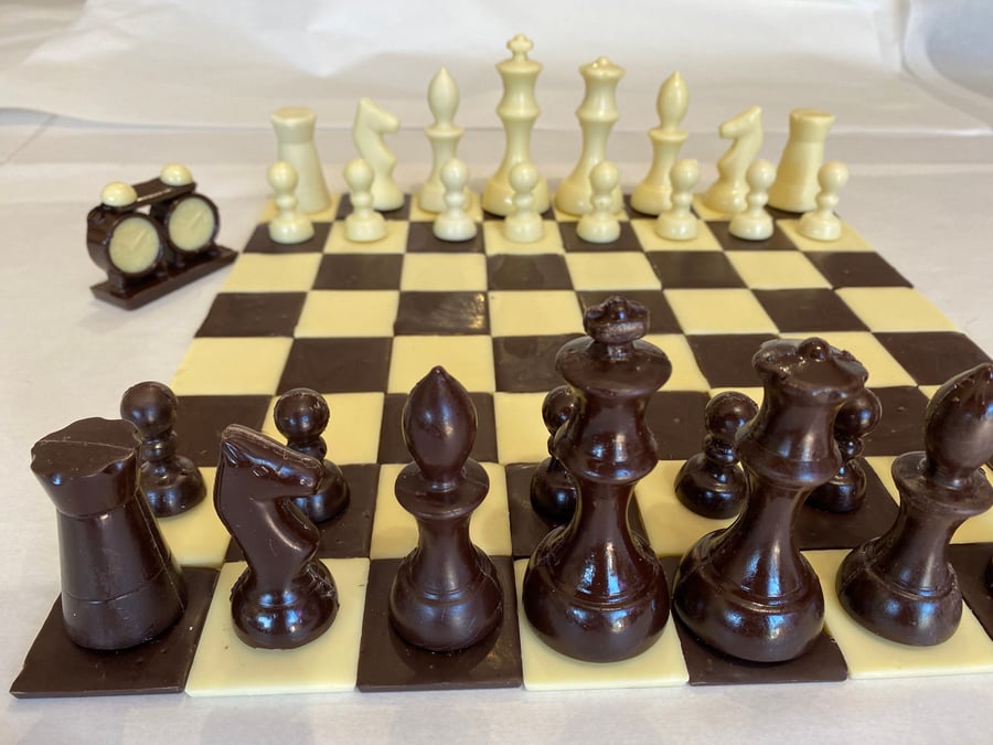 Hand-made Belgian Chocolate Chess Set, Squares for Chess Board and Chess Clock