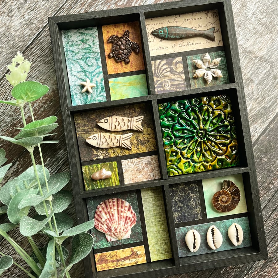Sea-themed mixed media assemblage, boho home decor, gift for ocean lover