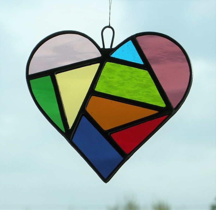 Stained Glass suncatcher Love Heart in a mixture of colours and textured glass