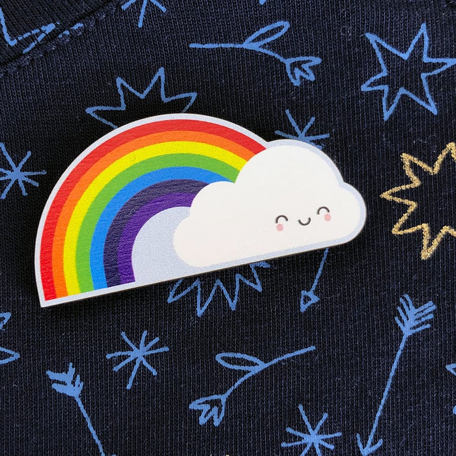 Rainbow & Cloud Kawaii Wooden Brooch or Pin