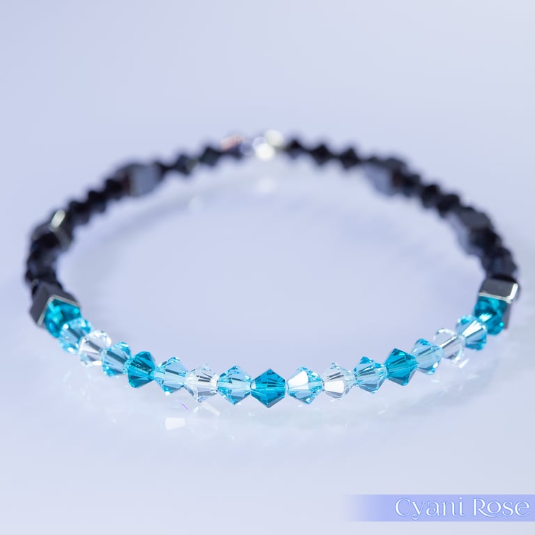 Swarovski and Hematite stretch beaded bracelet turquoise black