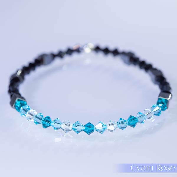 Swarovski and Hematite stretch beaded bracelet turquoise black