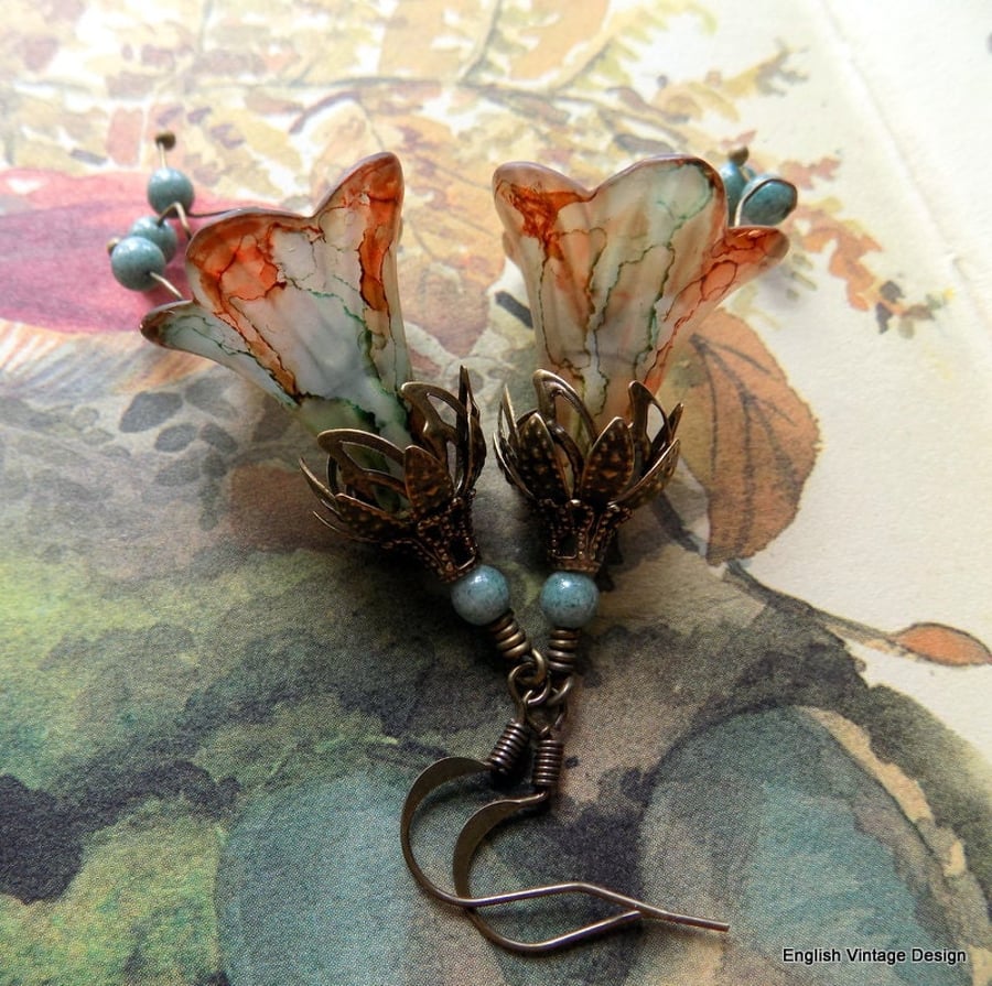 Verdigris and Rust "FUNGI" Autumn Fall Hand Painted Lucite Flower Earrings