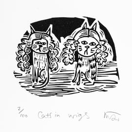 Cats in Wigs - lino print