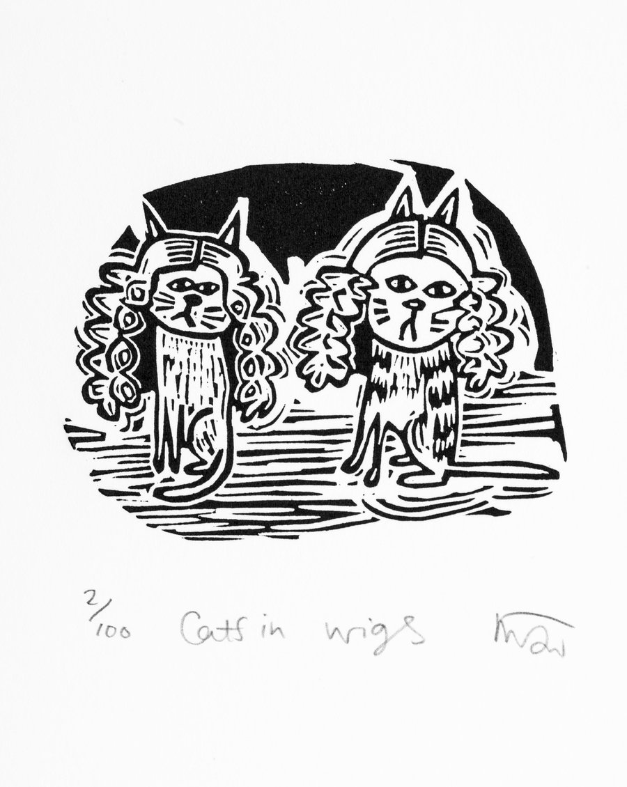 Cats in Wigs - lino print