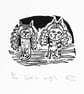 Cats in Wigs - lino print - Image 1