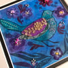 Textile picture, folk bird and flowers, fabric art, gift for bird lover