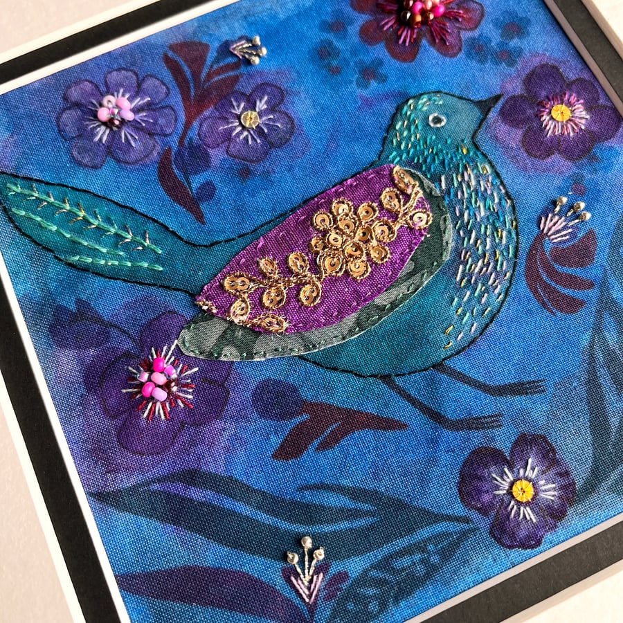 Textile picture, folk bird and flowers, fabric art, gift for bird lover