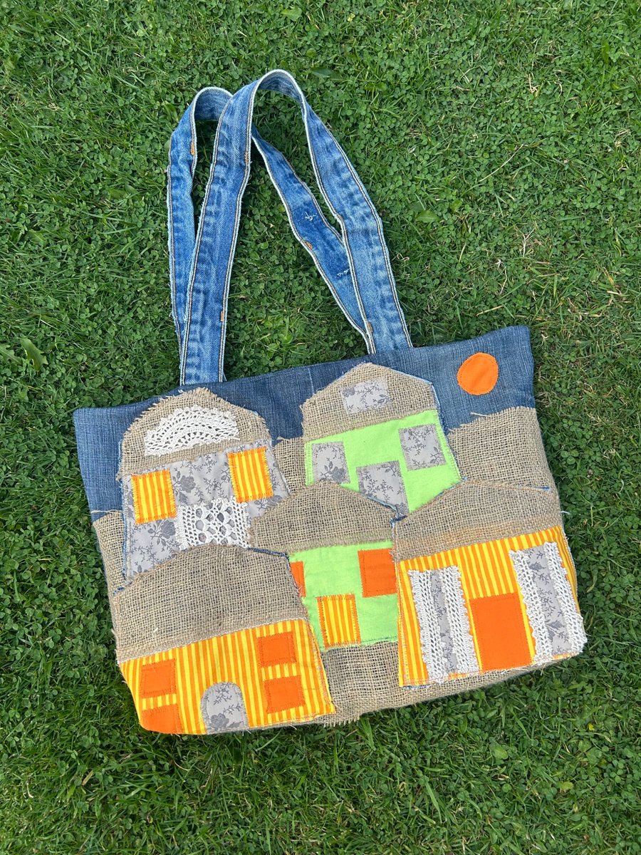 Village scene tote bag - Appliqué style - Upcycled 