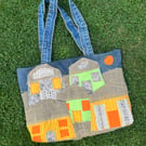 Village scene tote bag - Appliqué style - Upcycled 