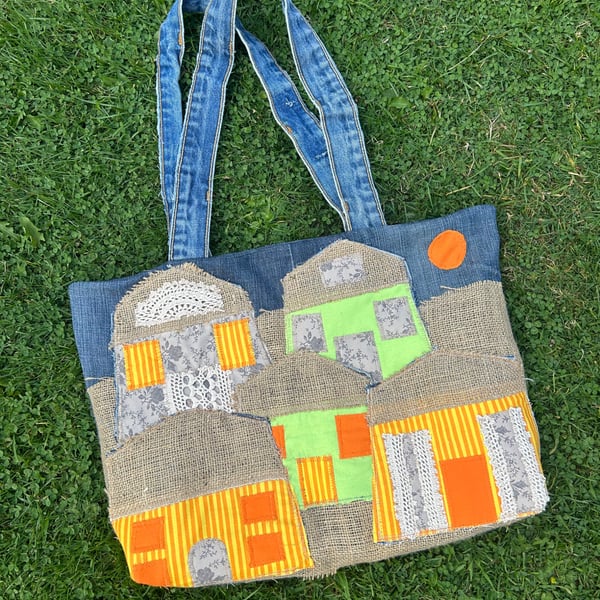 Village scene tote bag - Appliqué style - Upcycled 