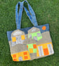 Village scene tote bag - Appliqué style - Upcycled 