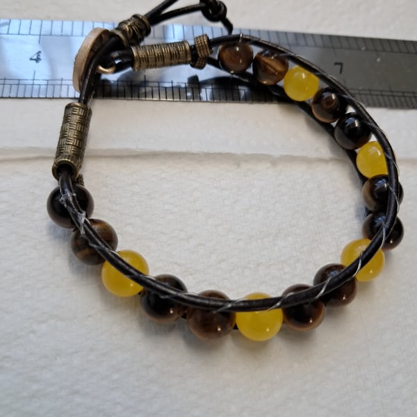 Leather Wrap Tigers Eye and Yellow Jade Beaded Bracelet 