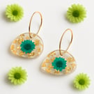 Green Flower Resin Dangle Earrings with Gold Leaf -Asymmetrical Hoops