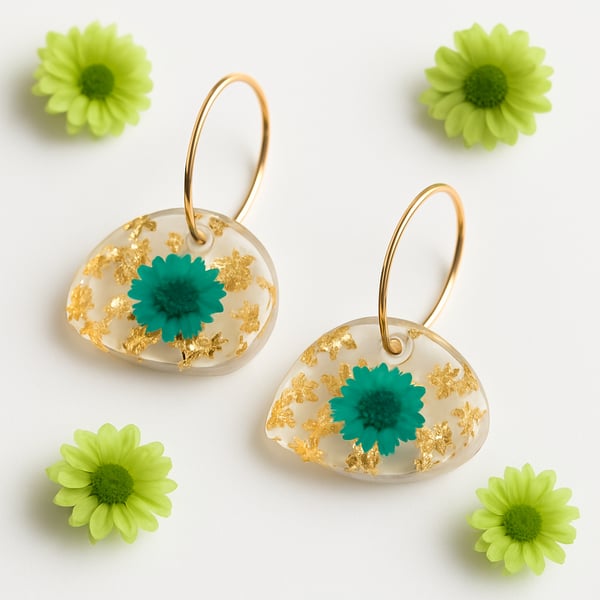 Green Flower Resin Dangle Earrings with Gold Leaf -Asymmetrical Hoops