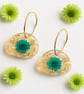 Green Flower Resin Dangle Earrings with Gold Leaf -Asymmetrical Hoops