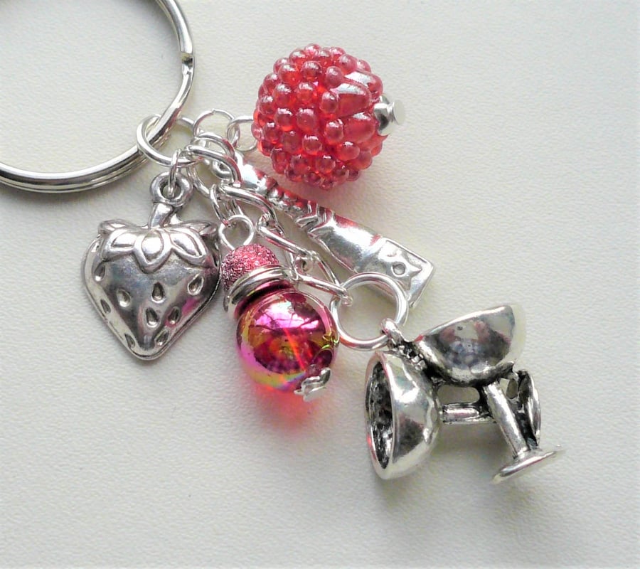 Sparkling Strawberry Prosecco Champagne Bead Silver Keyring or Bag Charm  KC2299