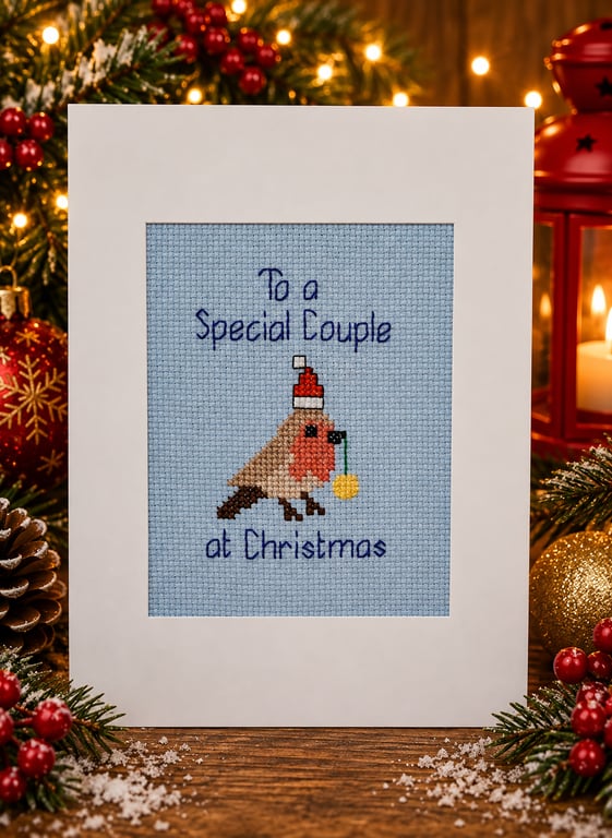Handmade Cross Stitch Special Couple Christmas Card – Festive Robin – 8 x 6 Inch