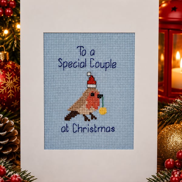 Handmade Cross Stitch Special Couple Christmas Card – Festive Robin – 8 x 6 Inch