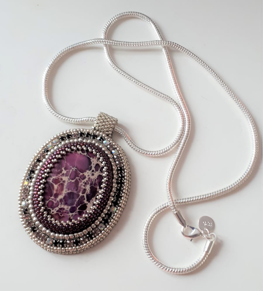 Bead embroidered Maroon Imperial Jasper gemstone cabochon on silver tone Chain