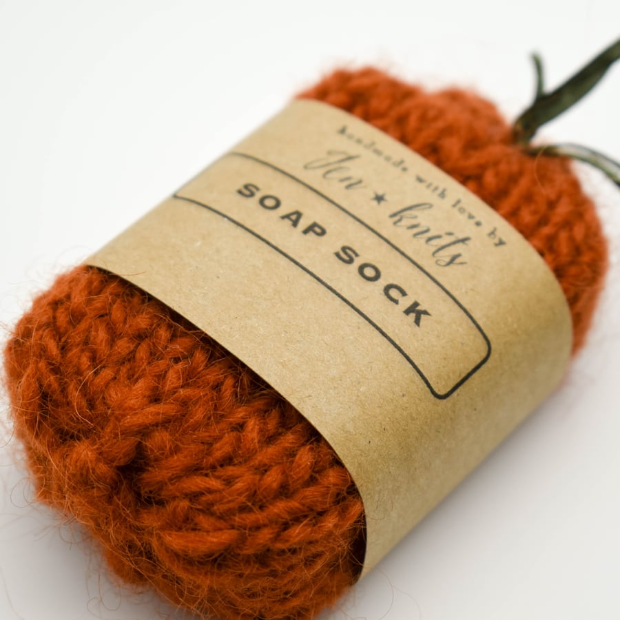 Hand knitted self felting peppermint soap sock - Rust Orange - eco friendly