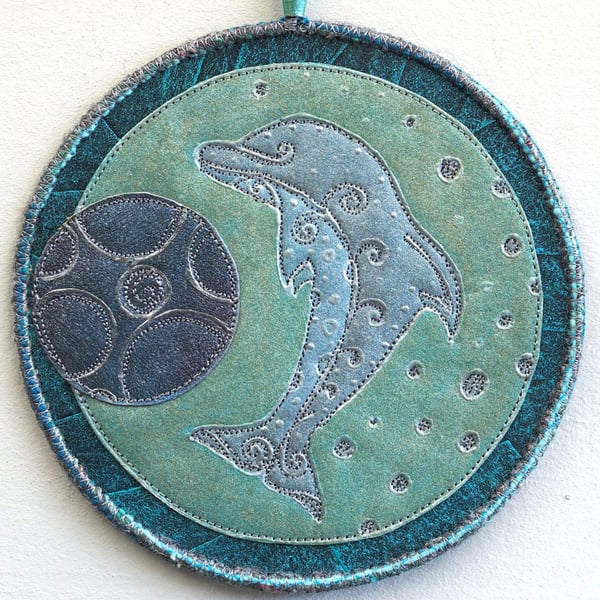 DPM026 - Dolphin Mandala Wall Hanging-15cm diameter-Shades of Green and Pewter