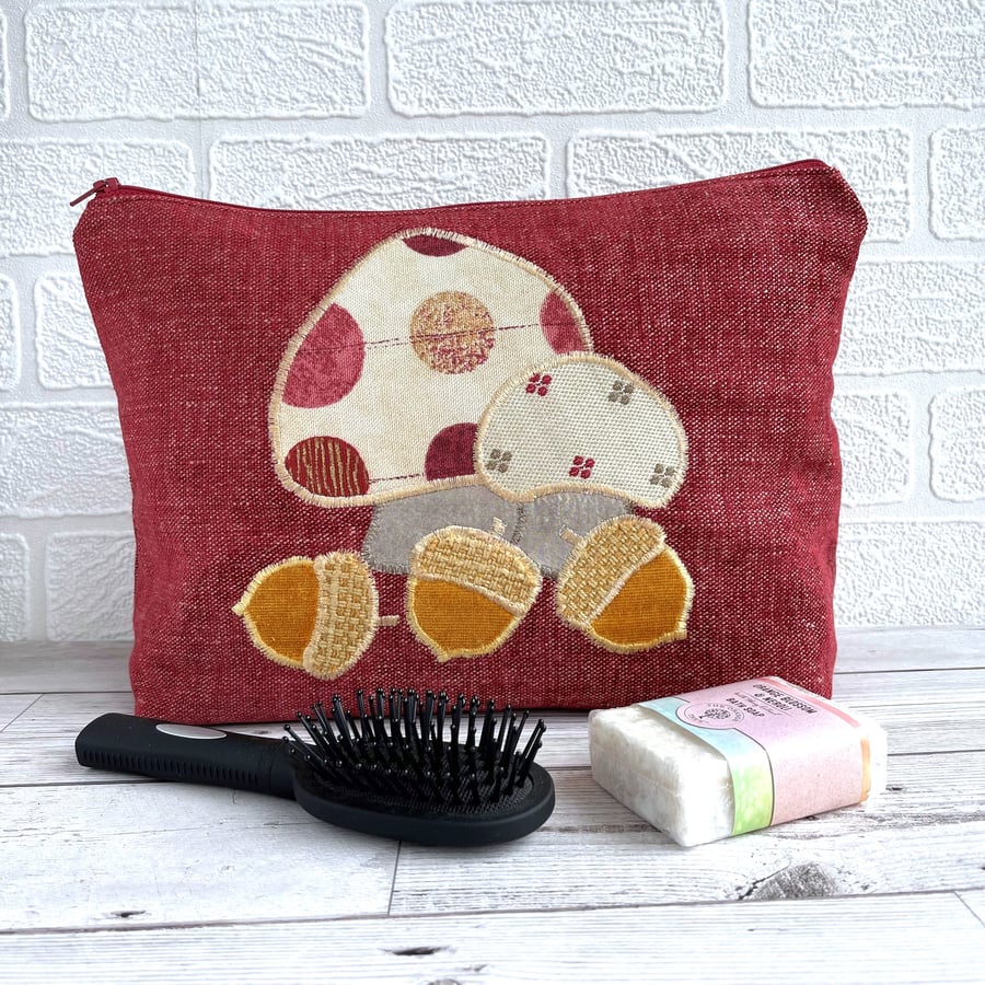 Burgundy Toiletry Bag with Mushrooms and Acorns
