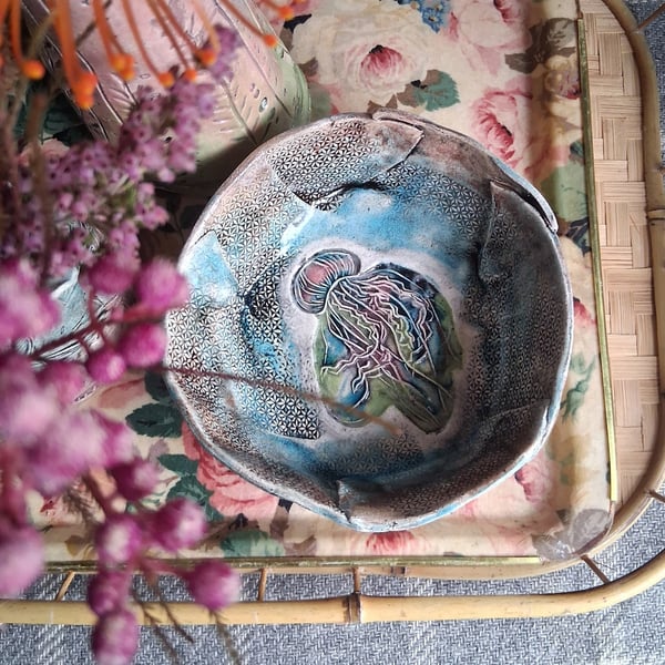 jellyfish bowl dish ceramic handmade stoneware in pink and turquoise