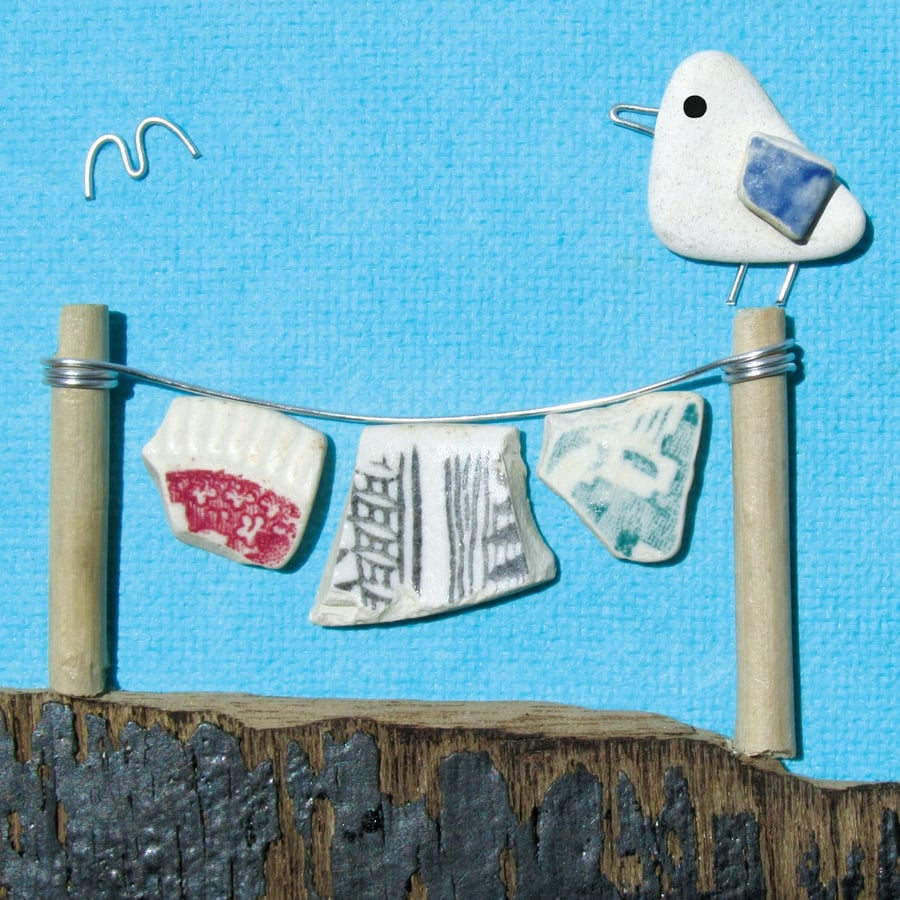 Framed Seaside Prints & Pictures - Seagull & Washing Line - Scottish Pebble Art