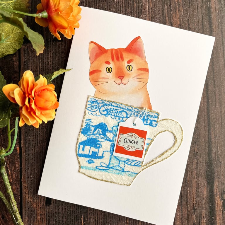 Ginger tabby cat handmade card, card for cat lover, cat in a cup