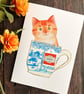Ginger tabby cat handmade card, card for cat lover, cat in a cup