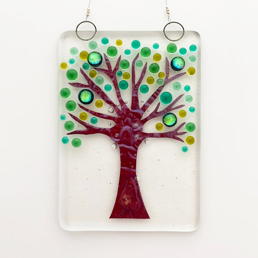 Fused Glass Dotty Green Tree Hanging - Handmade Glass Suncatcher