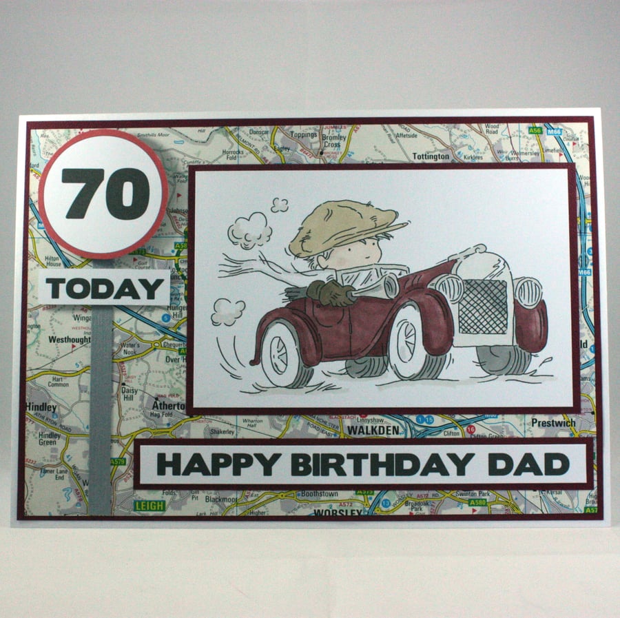 Handmade 70th birthday card Dad the motorist