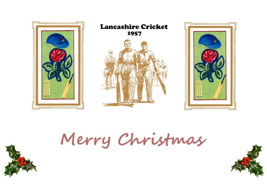 Christmas card cricket vintage 1957 Lancashire, Lancs badge design.FREE UK P&P