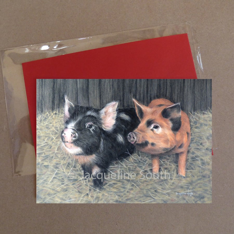 Two pigs in straw greeting card with envelope