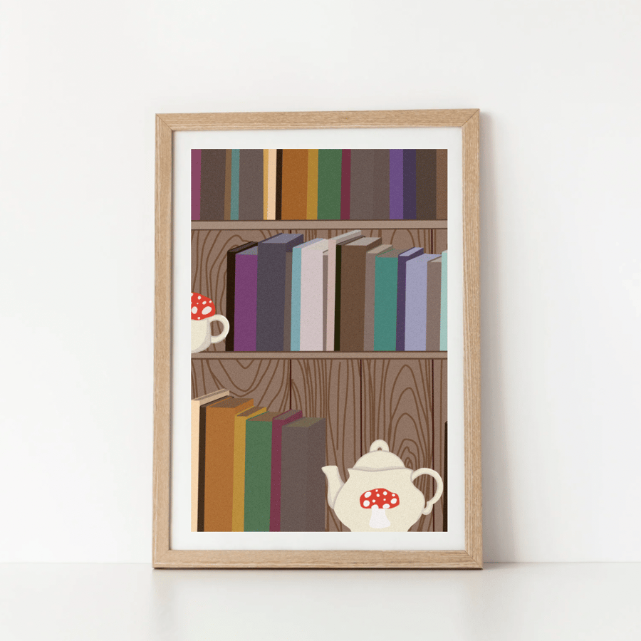 Bookshelf & Mushroom Mug Wall Art Print – Cosy Cottagecore Design