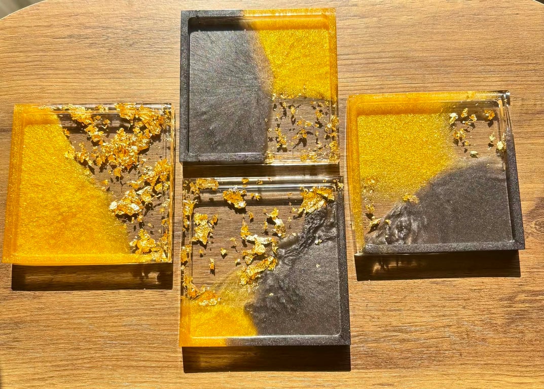 Luxury Handmade Black & Gold Resin Coaster Set - Set of 4