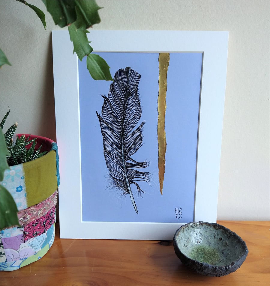 Feather Original Pen Drawing with Collage