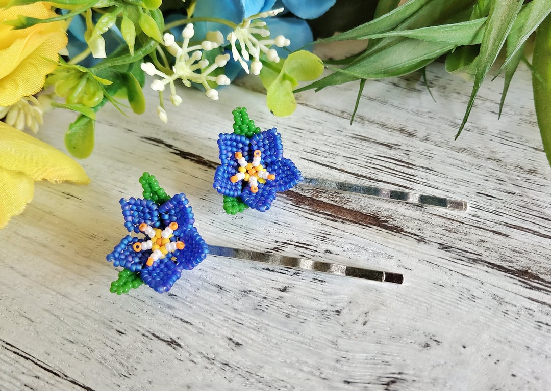 Blue Beaded Flower Hair Pins - Pair