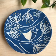 Handmade stoneware sgraffito blue bird and tree trinket jewellery dish