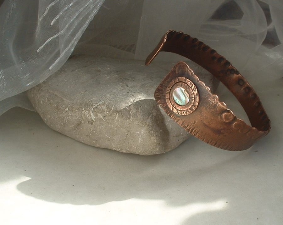 Rustic Copper Viking Bangle Cuff with Mother of Pearl