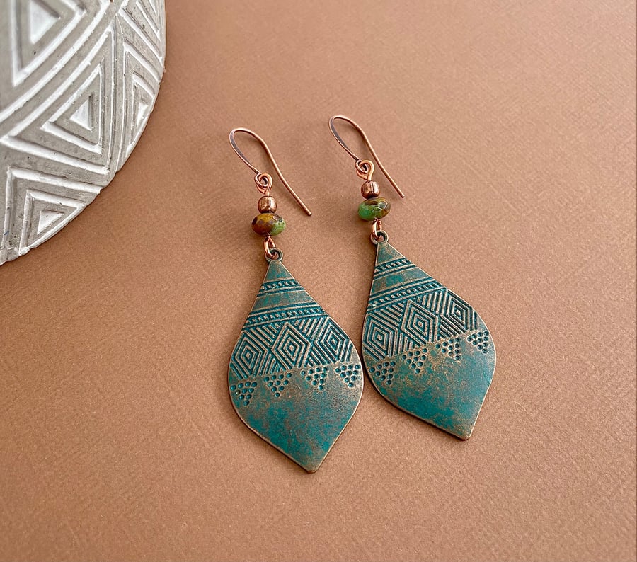 Verdigris copper teardrop earrings with Czech glass beads 