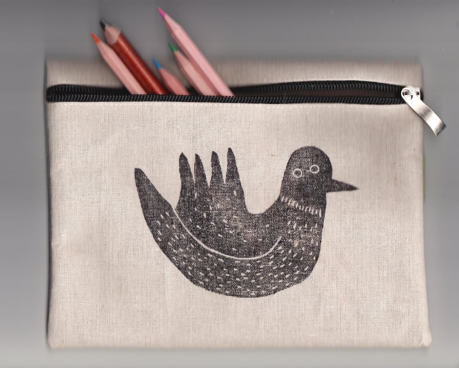 Bird pencil case - handprinted
