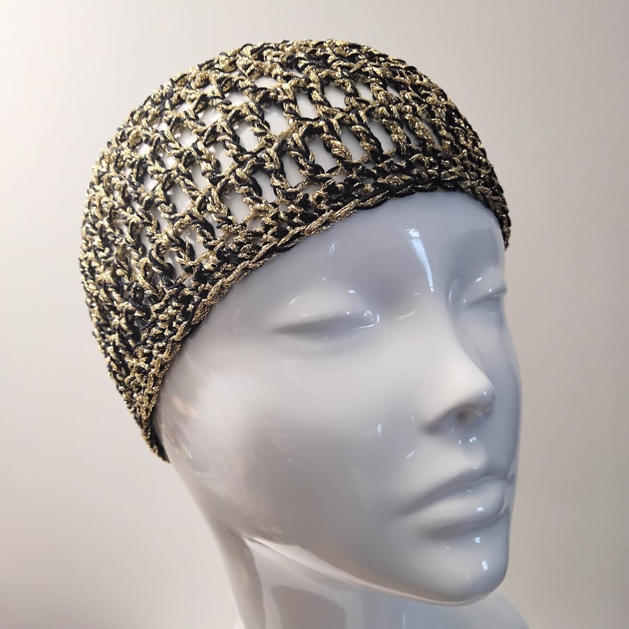 Perfectly Imperfect Black and Gold Sparkly Crochet Mesh Beanie
