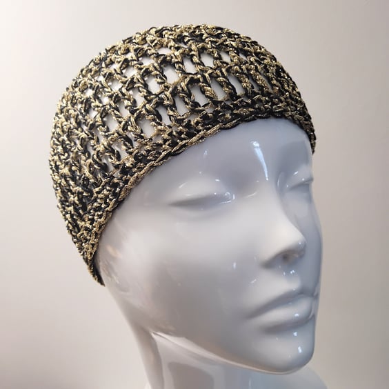 Perfectly Imperfect Black and Gold Sparkly Crochet Mesh Beanie