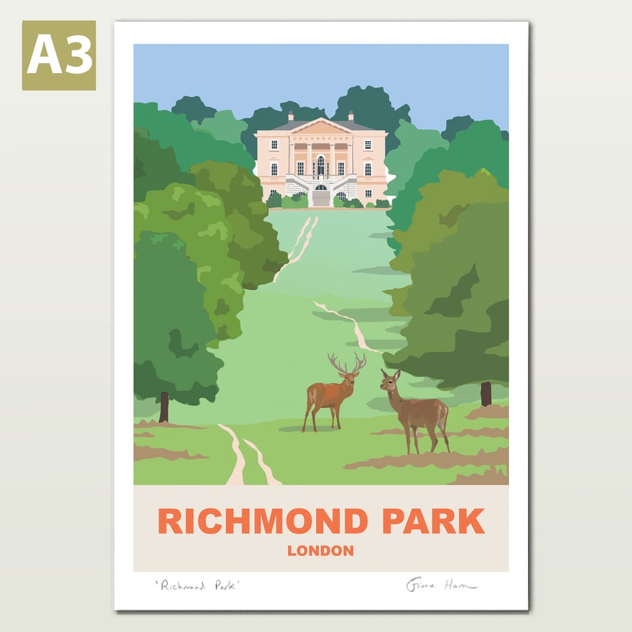Richmond Park, London, A3 retro style travel poster