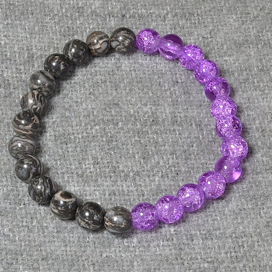 Purple Crackle Glass and Marbled Grey Stone Elastic Half and Half Bracelet