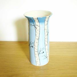 Tall Cylinder Vase - Sliver Birch Trees, Sky and Birds